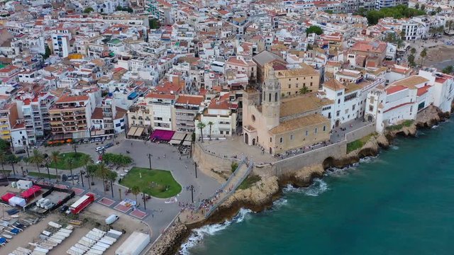 Sitges. Beautiful Spain. Church of Sant Bartomeu & Santa Tecla. Aerial photo
