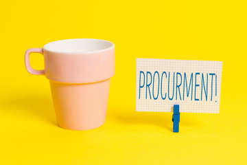 Word writing text Procurment. Business photo showcasing action of acquiring military equipment and supplies Cup empty paper blue clothespin rectangle shaped reminder yellow office