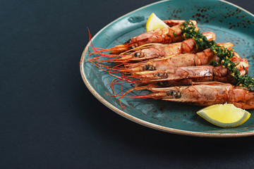 dishes with langoustines, in a plate on a black background. view from above. copyspace.