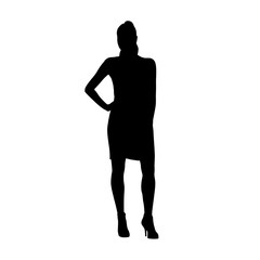 Businesswoman standing with hand on hip, isolated vector silhouette. Front view