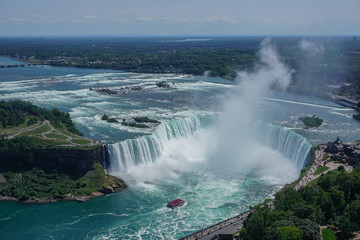 Niagara Falls, Ontario, Canada: Aerial view of tourists visiting the Niagara River, Niagara Gorge,...