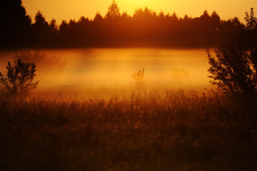 Natural sunset over field. Bright orange dramatic sky and dark ground.