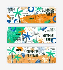 Summer festival vector banner templates set. Open air party invitation decorated with palm trees and tropical beach. Music fest tickets collection. Seasonal outdoor dance party, concert posters design