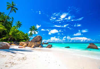 Typical beach in Seychelles with granite rocks