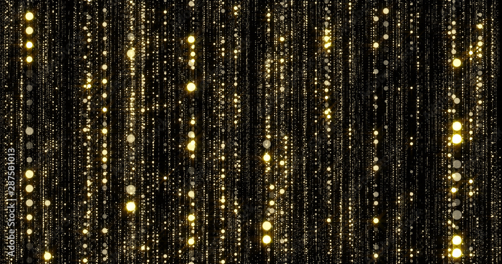 Aufkleber golden glitter threads curtain, flowing light particles with bokeh sparks. gold glitter rain falling