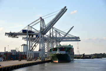 View on the port of Savannah, container vessel during cargo operations. 