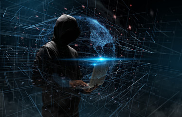 Hacker man with binary code digital interface.Hacking and stealing concept.