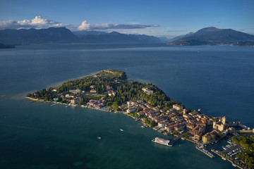 Rocca Scaligera Castle in Sirmione Lake Garda Italy. Aerial view.