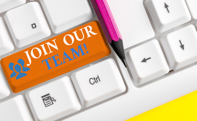 Writing note showing Join Our Team. Business concept for inviting someone into your local group or...