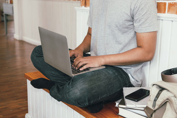 man college student  studying learning lesson with computer online