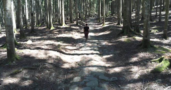 Young woman walking in a forest path - top view