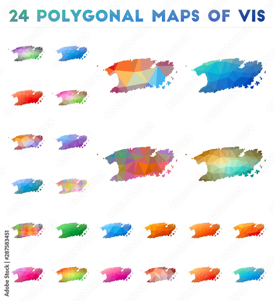 Poster set of vector polygonal maps of vis. bright gradient map of island in low poly style. multicolored v