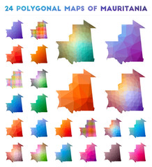 Set of vector polygonal maps of Mauritania. Bright gradient map of country in low poly style. Multicolored Mauritania map in geometric style for your infographics.
