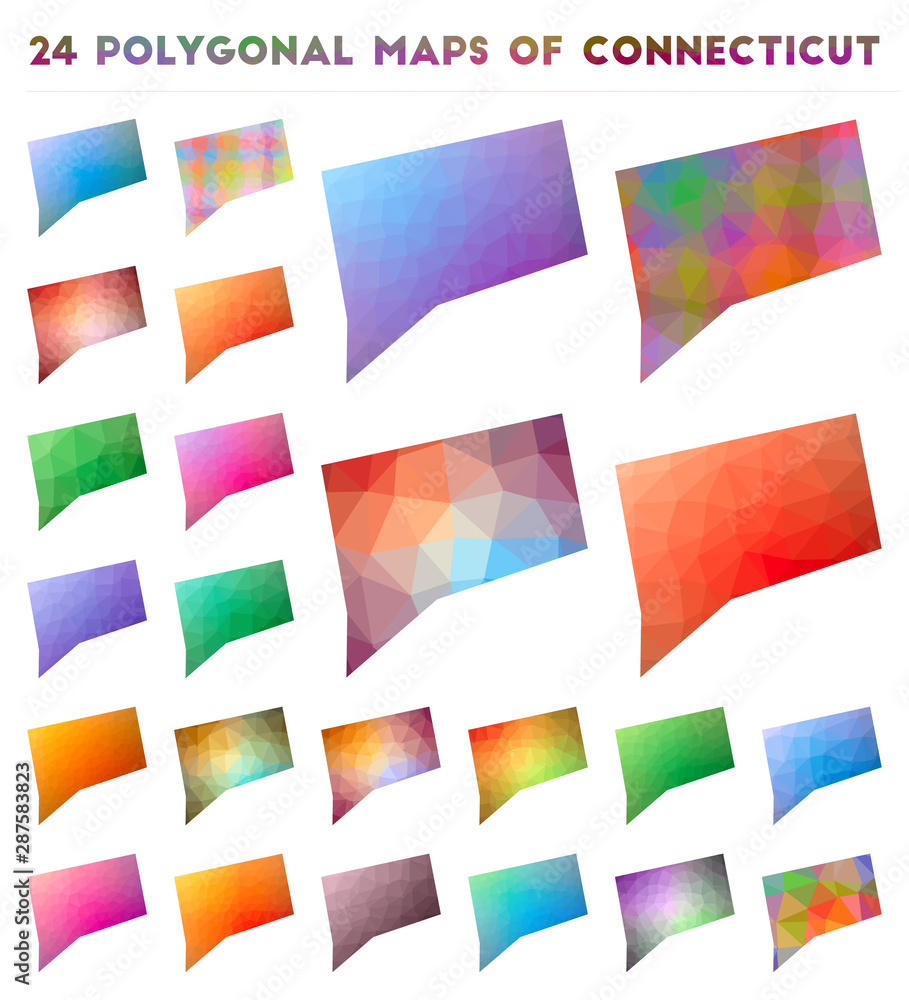 Poster set of vector polygonal maps of connecticut. bright gradient map of us state in low poly style. mult