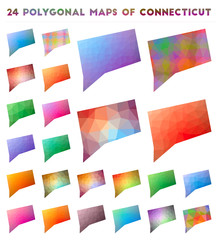 Set of vector polygonal maps of Connecticut. Bright gradient map of US state in low poly style. Multicolored Connecticut map in geometric style for your infographics.