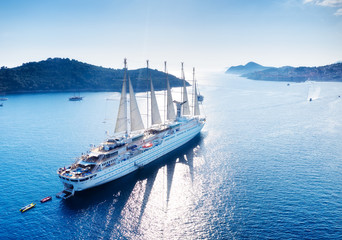 Croatia. Aerial view at the cruise ship with sail at the day time. Adventure and travel.  Landscape...