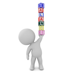 3D Character holding up a stack of letters saying balance