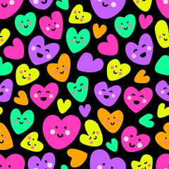 Cute childish seamless pattern background with funny kawaii cartoon characters of hearts in 80s style