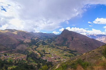 Fototapeta na wymiar Panoramic landscape in the Sacred Valley of the Incas, Pisac, Peru.
