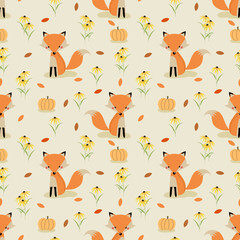 Materiał do szycia Cute fox in autumn seamless pattern vector.