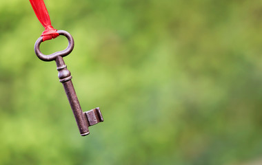 Motivation, mentor concept, antique hanging key on a green background