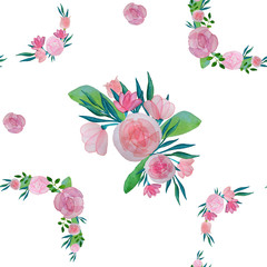 Watercolor seamless pattern with roses, peony and green leaves. Bouquet and wreath. For background and wrapping paper