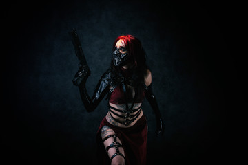 Young black-eyed Cyborg in leather armor holding a revolver in his hand