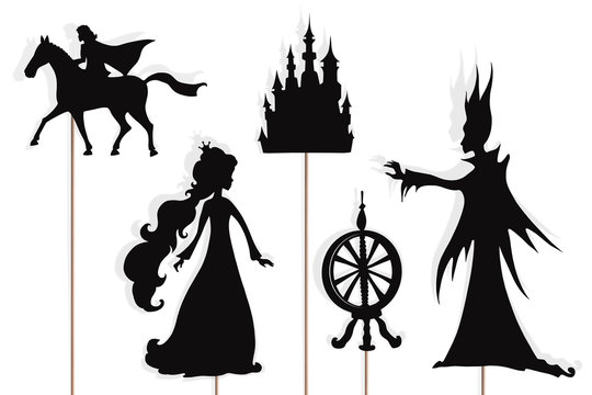 Sleeping Beauty storytelling, isolated shadow puppets.