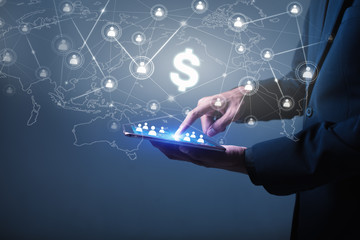 Businessman touch screen tablet in hand, Social networking scheme concept - Image
