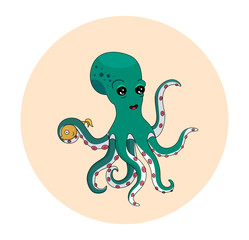 Cute green octopus holding a fish. Hand drawing.