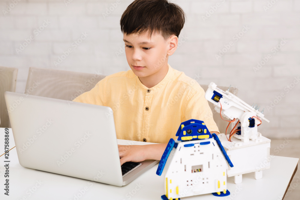 Poster schoolboy constructing robotic toys and using laptop