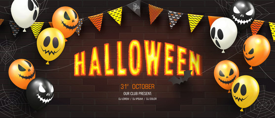 Halloween Sale Promotion Poster with scary balloons, paper bats and cobweb.Glowing inscription on a brick wall.Vector illustration for website , posters, ads, coupons, promotional material