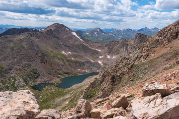 High angle view of a small lake down in a valley of mountain tops at Mount Evans in Colorado