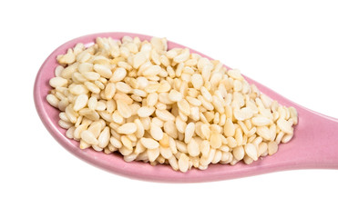 above view of ceramic spoon with sesame close-up