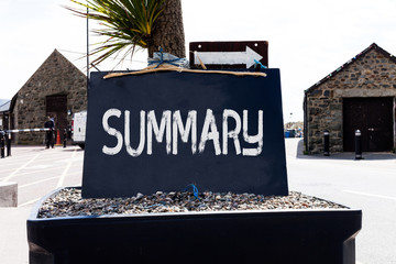 Text sign showing Summary. Business photo showcasing a brief statement or account of the main...