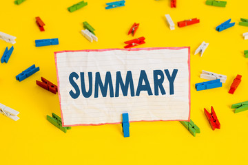Conceptual hand writing showing Summary. Concept meaning a brief statement or account of the main...