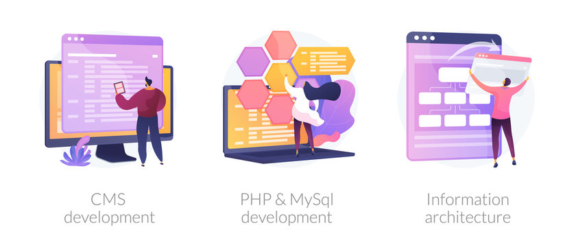Content management system. Software engineering, database programming. CMS development, PHP & MySql development, information architecture metaphors. Vector isolated concept metaphor illustrations.