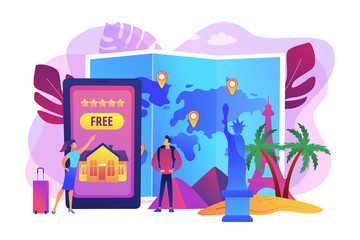 Tourist agency mobile app. Worldwide sightseeing tours. Hospitality and travel clubs, join travelers community, free homestay arrangement concept. Bright vibrant violet vector isolated illustration