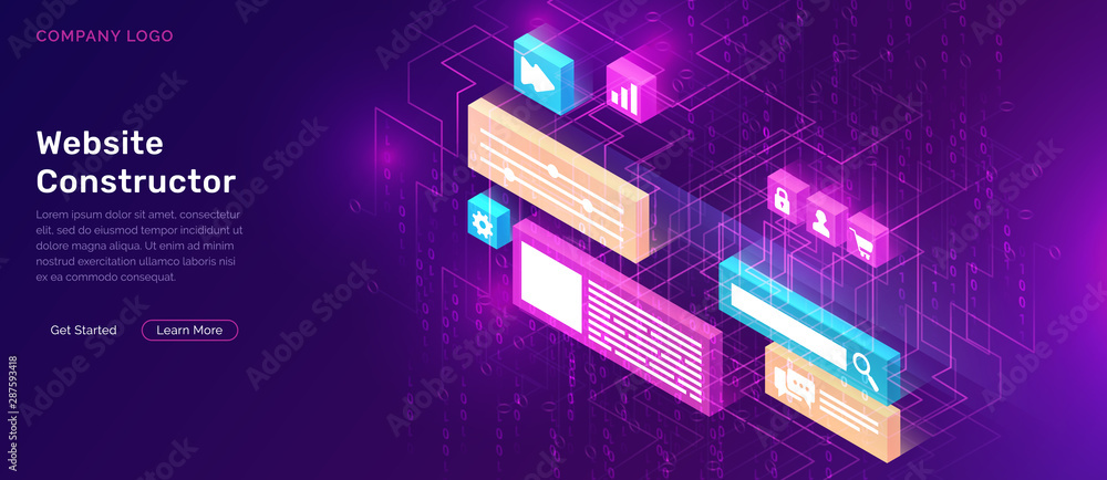 Poster website constructor isometric concept vector illustration. software landing page template for creati