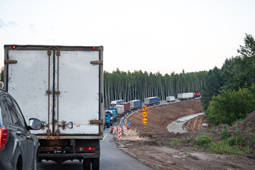Chuvash Republic, Russia, - July 18, 2019. Traffic jam due to reverse traffic related to road repair