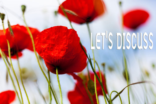 Writing note showing Let S Discuss. Business concept for asking someone to talk about something with demonstrating or showing Front view summer red color poppy flowers sky background