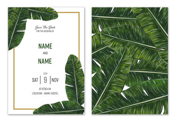 Banana leaf Wedding invitation card, save the date, thank you, brochure, invite template and background. Business identity style.  illustration Watercolor drawing.