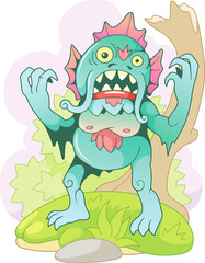 cartoon scary swamp monster, funny illustration