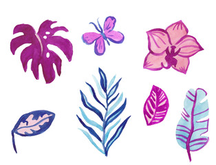 Tropical watercolor bright purple and blue flowers and plants