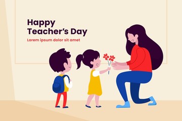 Kid student giving flower to her teacher flat illustration for happy teacher's day background poster concept graphic design.