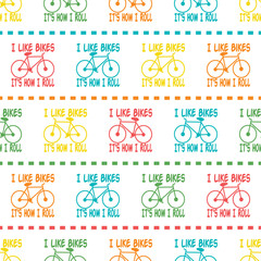 Cotton fabric Vector Red Blue Green Yellow Orange Bicycles Bikes Seamless Repeat Pattern