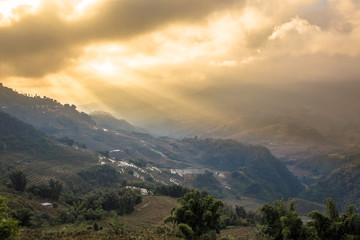 Naklejka premium Sunrise dawn sunset dusk hillside terraced fields scenery of beautiful Sapa Vietnam Asia