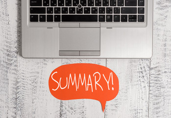 Writing note showing Summary. Business concept for brief statement or account of main points of...
