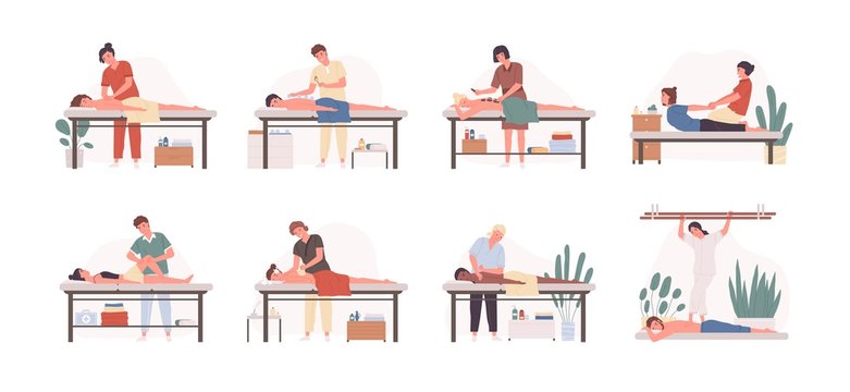 Massage therapists at work flat vector illustrations set. Patients lying on couch, enjoying body relaxing treatment. Physiotherapists practicing different massage types isolated cartoon characters.