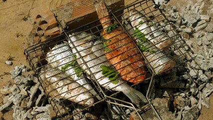 Mackerel, perch, sea bass, dorado, mullet, tuna. Close-up shot of fish grilled over charcoal. 4K